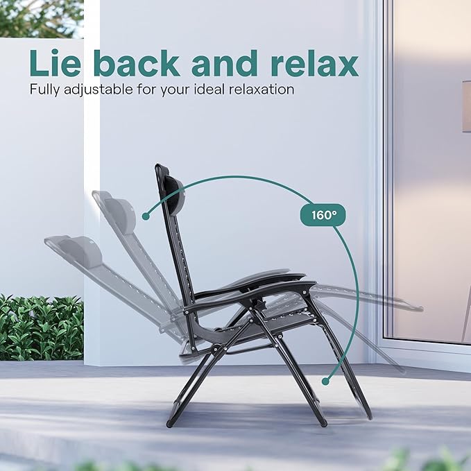 SereneLife Outdoor Zero Gravity Lounge Chair Set with Table – 2 Adjustable Recliners with Cup Holders, Headrest, Steel Frame & Foldable Design for Patio, Pool, Garden, or Camping