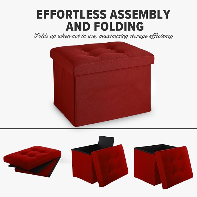 LINMAGCO Small Storage Ottoman Stool Foot Rest Stool Under Desk Stool Short Folding Ottoman Linen Cloth 17X13X13IN(Red)