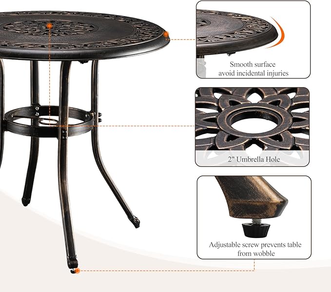 VINGLI 32" Outdoor Dining Table, Round Patio DiningTable with Umbrella Hole, Cast Aluminum Outdoor Bistro Table Patio Furniture Garden Table (Bronze, 32" Dia x 29 H) (Bronze)
