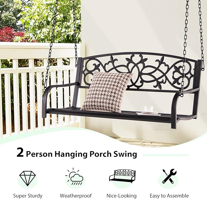 Giantex Patio Metal Porch Swing, 2-Person Hanging Porch Swing Bench with Sturdy Chains & Retro Pattern Backrest, 485 Lbs Weight Capacity Loveseat for Garden, Yard, Front, Outdoor Swing Chairs (Brown)