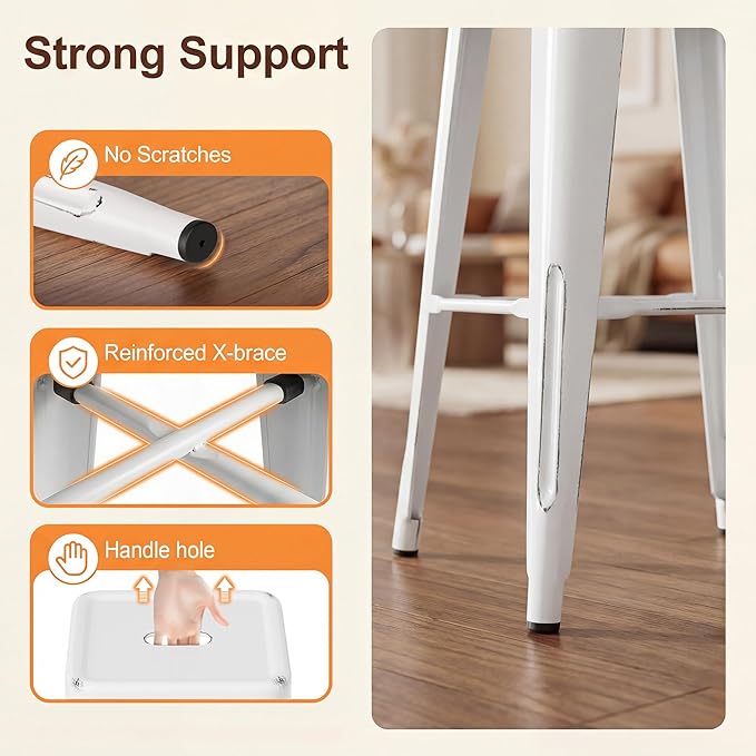 Shahoo 30 Inches Metal Bar Stools Counter Height Stackable Backless Stools, Industrial Patio Stools Indoor Outdoor Metal Kitchen Stools Set of 4 (Distressed White, 30'')