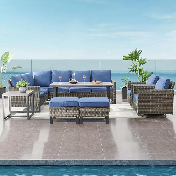 Belord Patio Sectional Furniture Set with Coffee Table: 8 Pieces Wicker Patio Conversation Set with L Shaped Sofa, Outdoor Swivel Glider Rocker, Rattan Ottomans, Removable