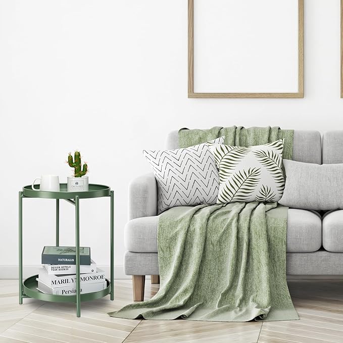 danpinera 2 Tier Metal Side Table with Removable Tray, End Table Outdoor Small Accent Table, Anti-Rust Green Nightstand for Bedroom Balcony Patio (Dark Green)