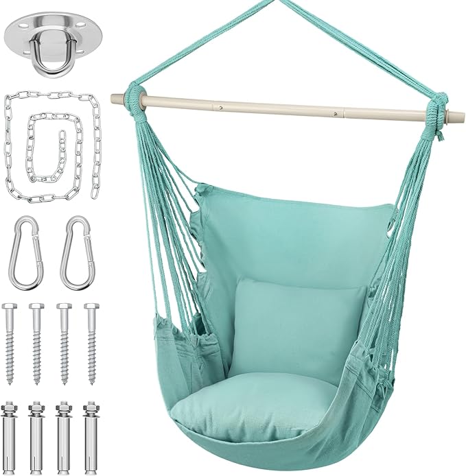 MoNiBloom Hammock Chair Hanging Rope Swing w/2 Cushions, Boho Macrame Hanging Chair Max 350 lbs Capacity w Pocket, Hardware Kit Included, Green