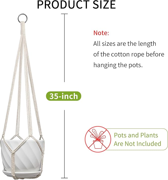 Macrame Plant Hanger, Fits 4-13 Inch Pots, Boho Hanging Plant Holder for Indoor Outdoor, 35 Inch, Set of 3, White (No Flowerpot)