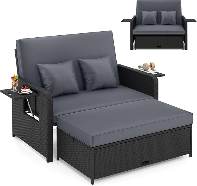 HAPPYGRILL Patio Rattan Wicker Daybed with Loveseat & Storage Ottoman, Outdoor Lounge Sofa Furniture Set with Adjustable Backrest & Side Trays, for Poolside Deck Porch Lawn (Black & Gray)
