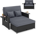 HAPPYGRILL Patio Rattan Wicker Daybed with Loveseat & Storage Ottoman, Outdoor Lounge Sofa Furniture Set with Adjustable Backrest & Side Trays, for Poolside Deck Porch Lawn (Black & Gray)