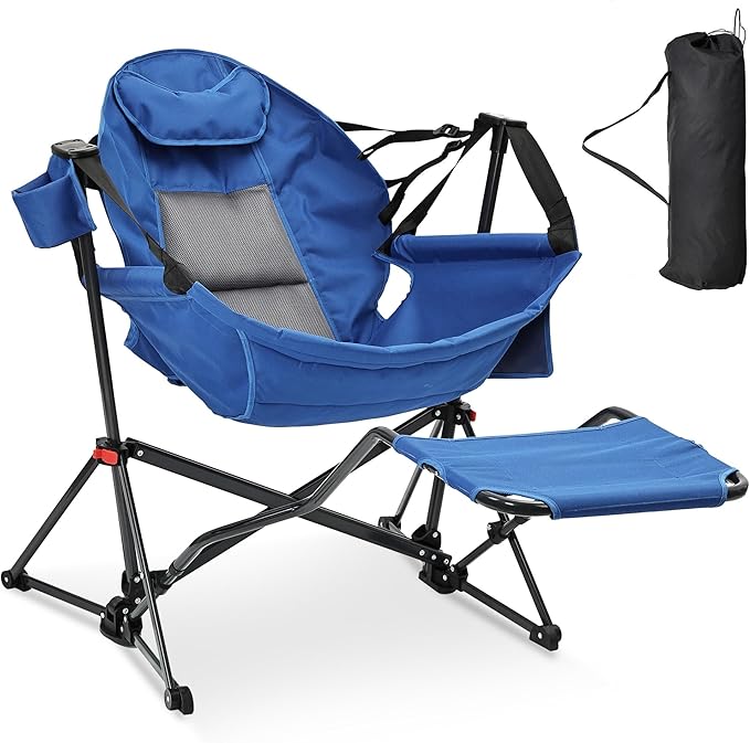 Ainfox Hammock Chair with Footrest, Oversized Swinging Portable Folding Camping Chairs for Adults Outside Swinging Camp with Cup Holder Pillow for Outdoor Patio Lawn Blue