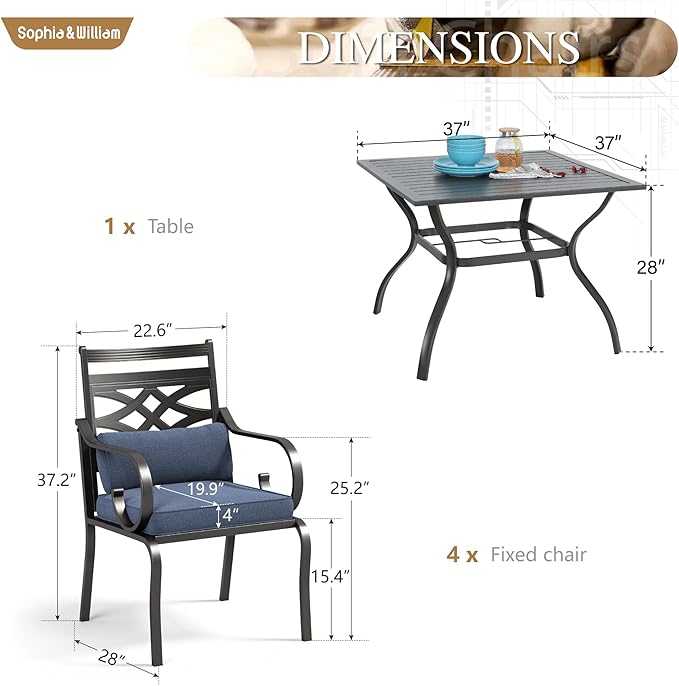 Sophia and William Outdoor Patio Dining Set for 4, Outdoor Table and Chairs, Removable Seat Cushions, Black 37" Patio Dining Table,Blue