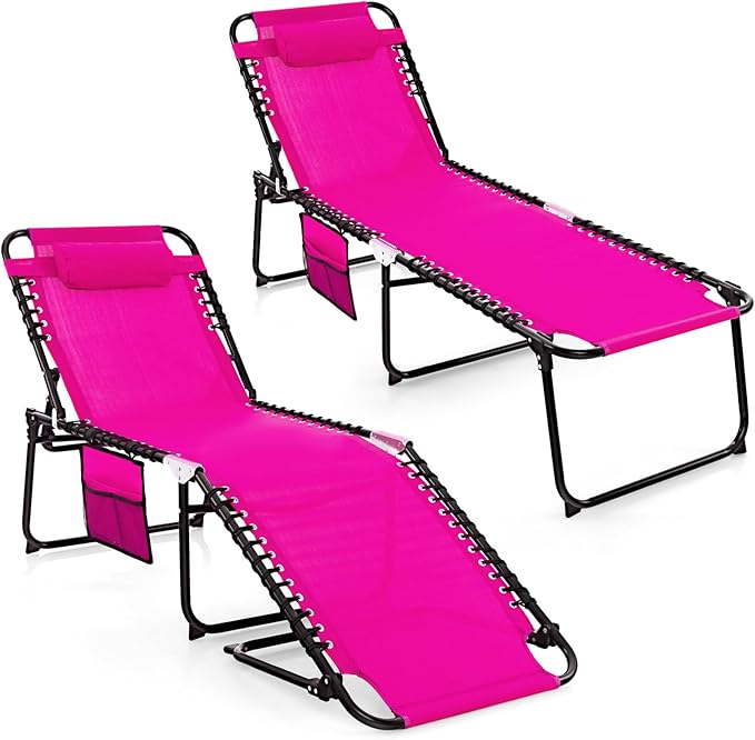 GYMAX Lounge Chairs for Outside, Extra High Folding Beach Tanning Lounger with 4-Level Adjustable Backrest, 2-Level Footrest & Removable Pillow, Sunbathing Lounge for Patio, Lawn, Poolside (2, Pink)