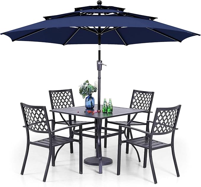 PHI VILLA Patio Dining Set 6 Piece with 4 Metal Outdoor Stackable Chairs, 1 Square Metal Table and 10ft 3 Tier Umbrella(Navy Blue), Outdoor Table Furniture Set for Patio, Deck, Poolside