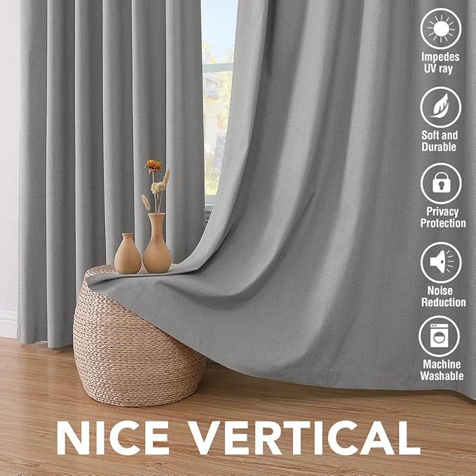 H.VERSAILTEX Primitive Linen Curtains 100% Blackout Curtain Drapes Burlap Curtains with White Thermal Insulated Liner, Grommet Top Drapes Living Room/Bedroom (2 Panels, 42 x 54 Inch, Dove Gray)
