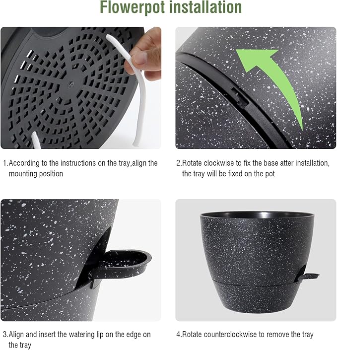 10 inch Self Watering Pots, Planter, Plant Pots with Mesh Drainage Holes for Indoor Outdoor House Plants and Garden, Pack of 2 Plastic Flower Pots with Deep Reservoir, Speckled Black