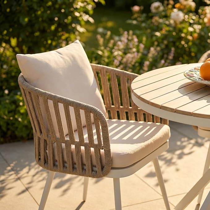 SUNSITT Patio Dining Chairs Set of 4, Outdoor Metal Dining Chairs with Woven Rope, All-Weather Patio Arm Chairs w/Cushions, Porch, Garden, White