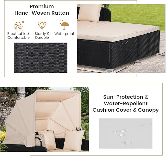 RELAX4LIFE Patio Outdoor Daybed with Canopy, Wicker Sunbed w/Cushions, 4 Pillows & 2 Retractable Side Trays, 2-Person Lounge Bed Conversation for Poolside Porch Garden, Rattan Outdoor Bed (Beige)