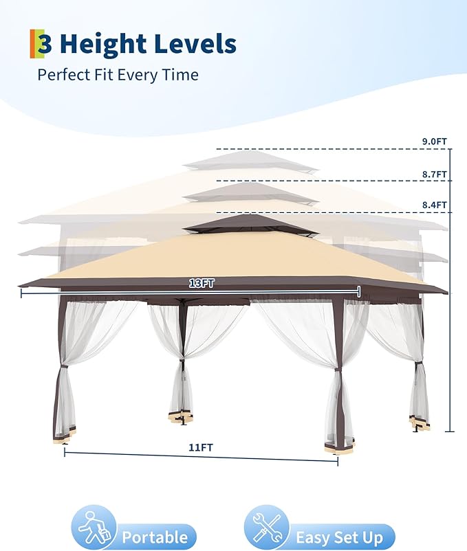 Canopy Tent 13x13 ft, Pop Up Gazebo One-Push Setup with 4 SandBags for Backyard Parties and BBQs, Mosquito Netting & Height Adjustable - Khaki & Coffee