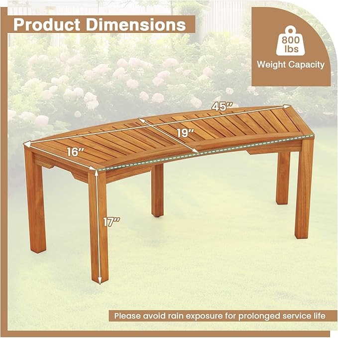 Tangkula Outdoor Curved Bench, Acacia Wood Fire Pit Bench w/Slatted Seat, Patio Backless 2-Person Seating for Porch, Yard, Garden, 800 LBS Max Load, Oil Painted (7, 45")