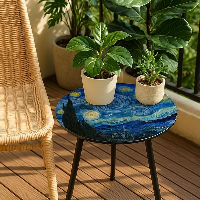 Outdoor Side Table Set of 2 Patio Side Tables for Outside Black End Tables Small Outdoor Table Round Patio End Table Metal Side Table Outside, Indoor, Bedroom, Living Room, Small Spaces, Starry Sky