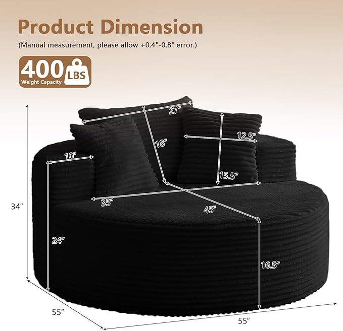 Oversized Round Chair Lounge Chaise Indoor, Upholstered Corduroy Deep Seat Cloud Large Circle Sofa Chair, No Assembly Required, Fluffy Modern Sleeper Sofa Bed for Reading, Dark Black