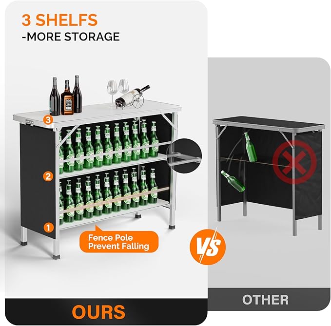VINGLI 43" Portable Bar Table with Pole, 3-Tier Shelves, Mobile Bar Table for Events, Party, Camping, Picnic, Tradeshow, Indoor with Black Skirt