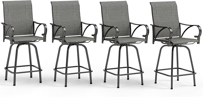 MFSTUDIO Outdoor Bar Stools Set of 4, Swivel Bar Height Patio Chairs Outdoor Barstools High Top Patio Swivel Bar Chairs with Armrest, Breathable Textilene, Grey