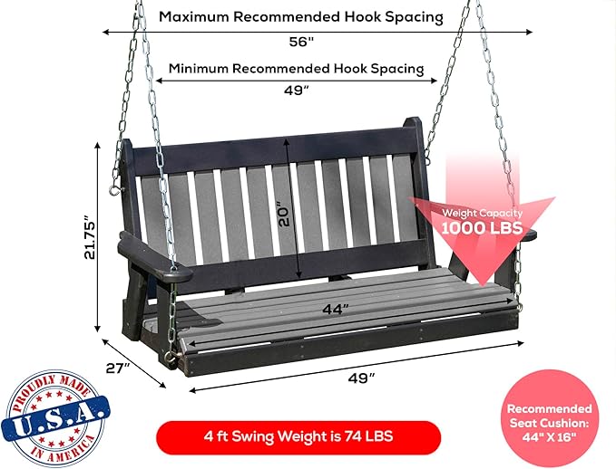 Poly Lumber Wood 4FT Mission Porch Swing Amish Craftsmandship Made in USA HDPE with No Wood fibers 1000 lbs Limit. Stainless Steel Hardware.Signature Design for Patio Outdoor Backyard Garden Park