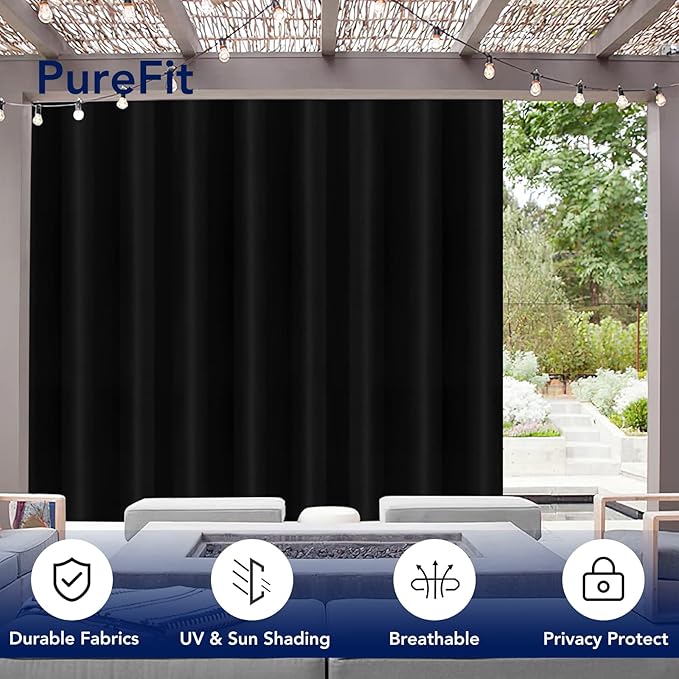 PureFit Outdoor Curtains for Patio Waterproof Weatherproof, UV Resistant Outside Curtains for Gazebo, Front Porch, Pergola, Sun Blocking Privacy Curtain, 150W x 95L inch, 1 Panel, Black