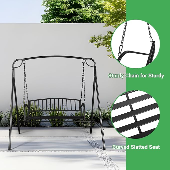 2-Person Metal Porch Swing, 47" Wide Outdoor Hanging Bench with Adjustable Chains, Heavy Duty 550LB Capacity, Perfect for Patio, Garden and Balcony