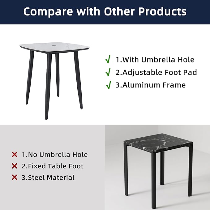 Modern 35.4'' Rounded Square Outdoor Bar Table, Greek White Marble-Inspired Sintered Stone Top, Umbrella Hole, Rust-Free Aluminum Frame, Ember Black, Weatherproof Table for Garden, Poolside