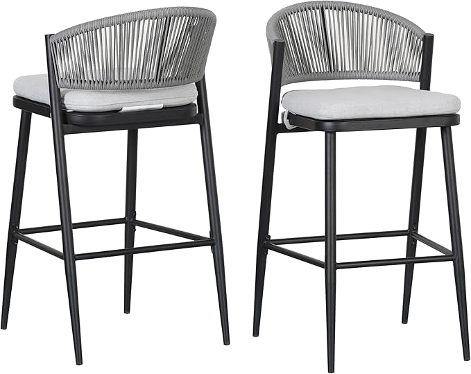 Christopher Knight Home Hearth 30.25" H Patio Barstools Set of 2, Woven Wicker Counter Stool, PE Rattan Scallop-Shaped Backrest Bar Chair, Metal Frame Barstool for Backyard Balcony Garden, Black