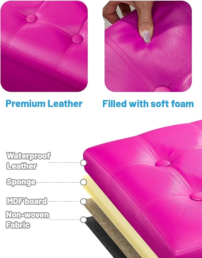AmasSmile Storage Ottoman Folding Foot Rest Stool, Leather Footstool Bench, Short Ottoman Stool, Storage Foot Rest Store, Books (Rose, 17" D x 13" W x 13" H)