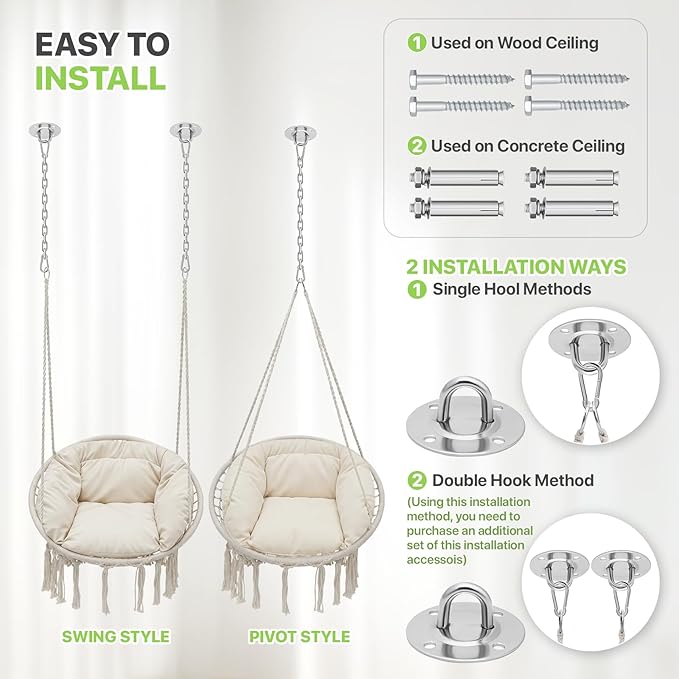 Magshion Hanging Hammock Chair with Cozy Full Cushion, Outdside Macrame Swing Chair with 350 Lbs Capacity, Ideal Accent Furniture for Living Room, Bedroom and Porch Relaxation and Enjoyment (White)