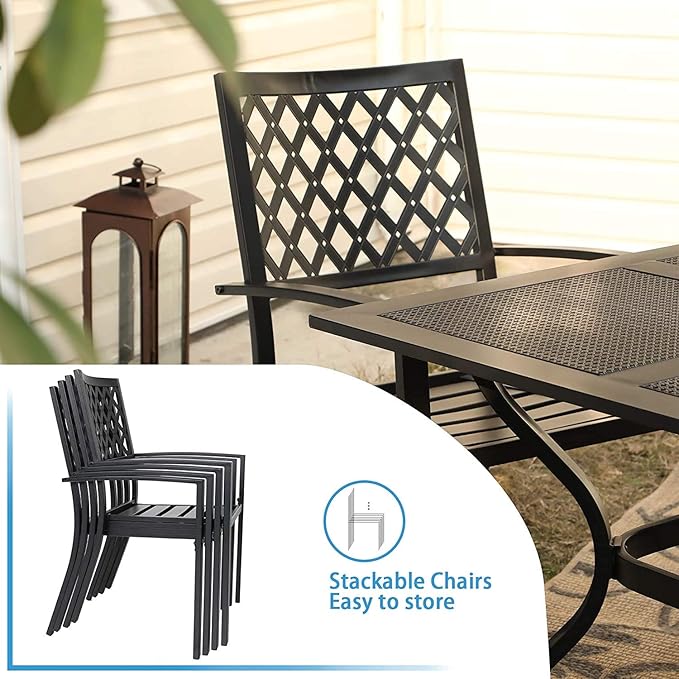 PHI VILLA 8 Piece Patio Dining Set with 13ft Double-Sided Patio Umbrella(Beige),Metal Outdoor Table Furniture Set with 6 Outdoor Stackable Chairs, 1 Rectangle Dining Table and 1 Large Beige Umbrella