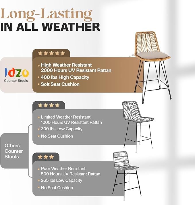 IDZO Set of 2 Rattan Counter Stools, 24" Height, 400lbs Capacity, Cushioned Seats, Steel Frame, for Indoor and Outdoor Use, Suitable for Patio, Bar, or Kitchen Island