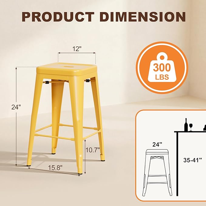 Shahoo 24 Inches Metal Bar Stools Counter Height Stackable Backless Stools, Industrial Patio Stools Indoor Outdoor Metal Kitchen Stools Set of 4 (Yellow, 24'')