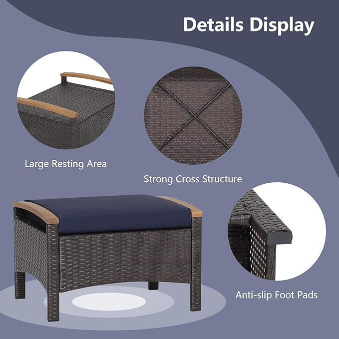 RELAX4LIFE Outdoor Wicker Ottomans for Patio - 2 Pieces PE Rattan Ottoman, Footrest Seat with Zippered Cushions, Acacia Wood Handles, 3-in-1 Footstool, Side Table for Poolside, Backyard (Navy)