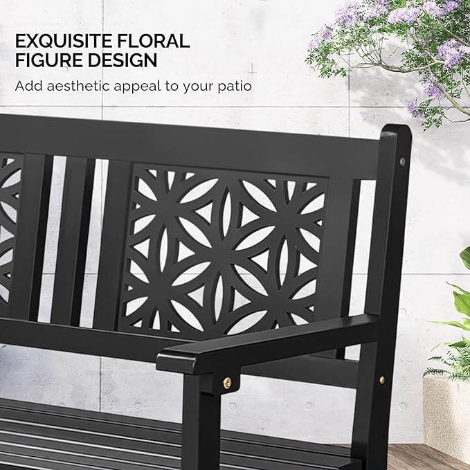 VINGLI 47" Outdoor Wood Bench, All Weather Outdoor Wooden Patio Garden Bench, Outside Loveseat 660lbs Capacity for Front Porch Park Entryway (Black)