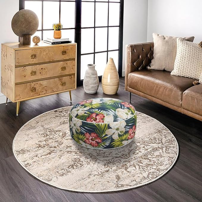 Magpie Fabrics Indoor/Outdoor Inflatable Stool Ottoman Pouf, Water Repellent Round Footrest Footstool with Foot Pump D20 xH9, Portable for Patio Garden Camping, Midnight Floral