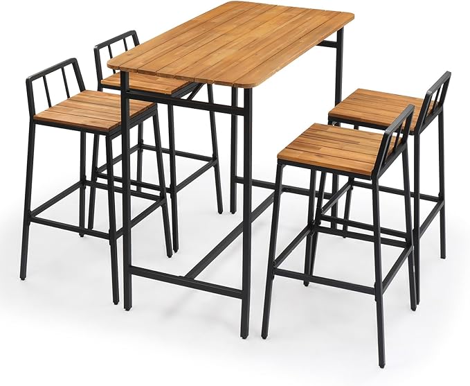 VINGLI 5 Pieces Outdoor Patio Bar Set, Acacia Wood Outdoor Dining Set Patio Table and Chairs Set for Porch Poolside Backyard Garden Balcony