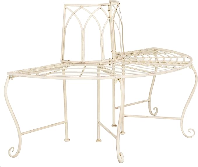 SAFAVIEH Outdoor Furniture Collection – Abia Antique White Distressed Wrought Iron 50-Inch Curved Tree Bench, Garden & Patio Seating (PAT5018A)