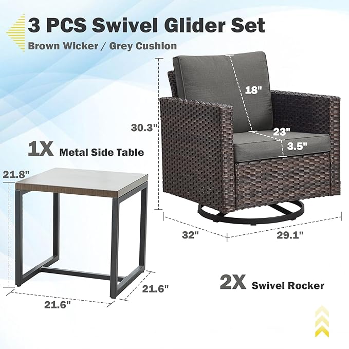 Belord Outdoor Bistro Set 3 Piece Wicker Swivel Rocker Patio Chairs, Oversize Outdoor Rattan Seating Set, Patio Swivel Glider Chairs Wicker Furniture with Metal Side Table for Porch Backyard, Brown