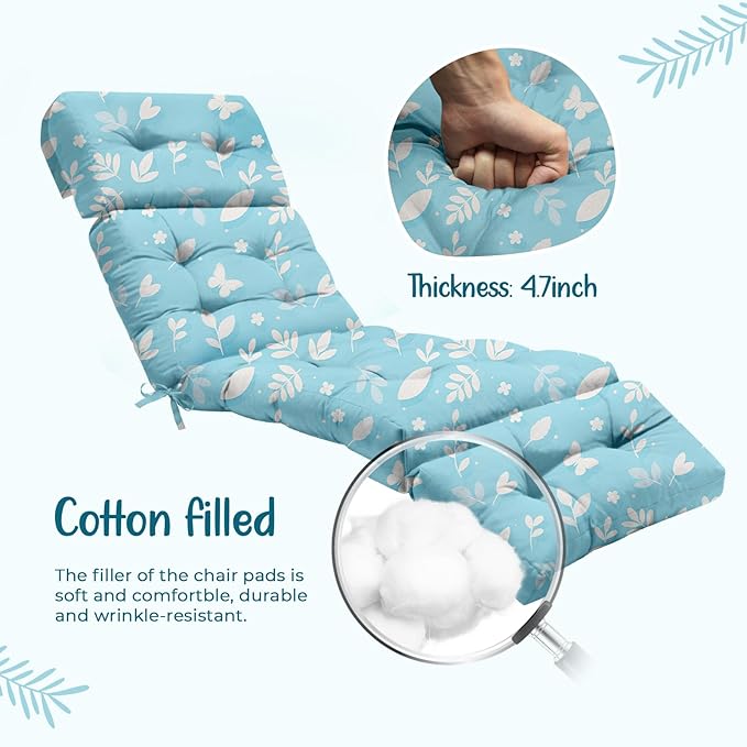 Outdoor Chaise Lounge Chair Cushion 75.1 x 22.8 x 4.7 Inches 100% Waterproof Replacement Cotton Patio Pool Lounge Chair Cushion for Outdoor Furniture with Ties, Blue Butterfly