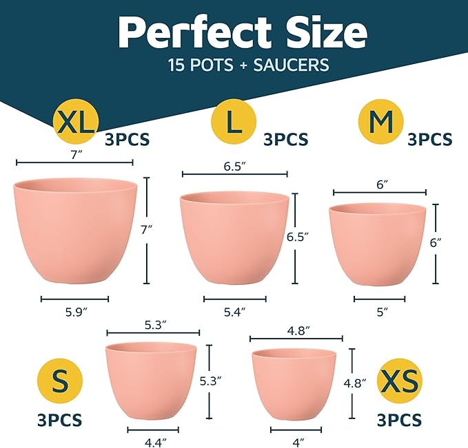 Pink Plant Pots with Drainage Holes & Saucers 15 Pack, Indoor & Outdoor Stackable Space-Saving Planters for Houseplants & Flowers, (7", 6.7", 6", 5.3", and 4.8" Inches), Durable & Weatherproof
