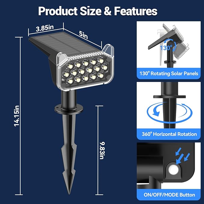 WdtPro Solar Spot Lights Outdoor Waterproof, Bright Solar Lights Outdoor with 16 Extra-Large LEDs, 3 Modes Landscape Spotlights, 2-in-1 Solar Powered Light for Yard Flag Garden, 4 Pack, Cool White