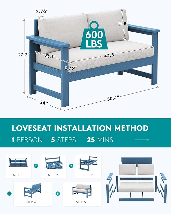SERWALL HDPE Outdoor Loveseat with Cushions, All Weather Use Outdoor Loveseat Sofa, Blue Frame with Khaki Cushions