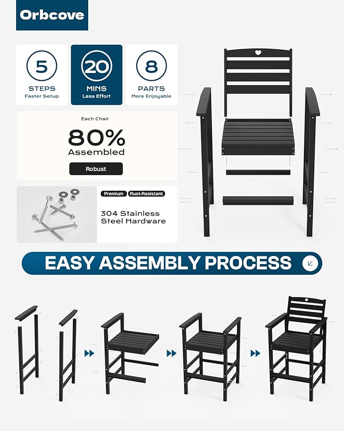 Patio Bar Table,Adirondack Chairs and Table 3 Pieces Set, Bar Height Chairs Set of 2 and Bar Table, Outdoor Bar Stools Set,Weather-Resistant Outdoor Furniture for Deck, Balcony, Poolside Easy Assembly