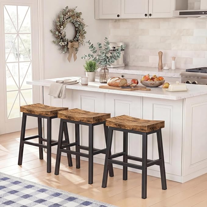 Rustic Bar Stools, 24 Inch Barstools, Counter Height Stools with Footrest, Wooden Stool for Kitchen Island, Heavy Duty Backless Chair for Dining Table Farmhouse Outdoor 1 PC