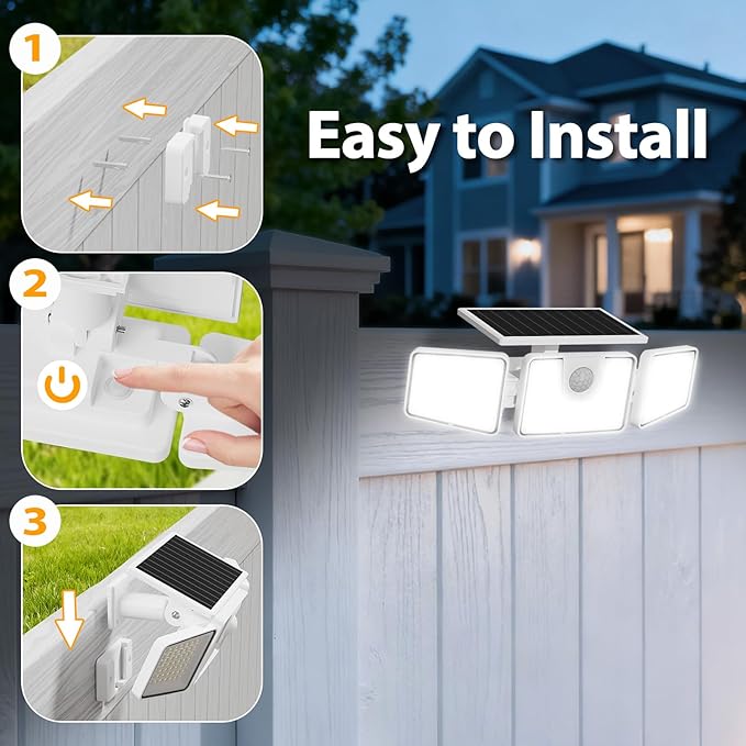 INCX 156 LED Solar Motion Lights Outdoor 2 Pack, 3 Heads Solar Security Lights with Motion Sensor IP65 Waterproof, Flood Lights for Wall, Patio, Garden, Porch, Garage White