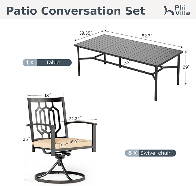 PHI VILLA 9 Pieces Outdoor Dining Set for 8, 83" Rectangular Black Wrought Iron Table with Umbrella Hole & Swivel Metal Steel Chairs, Outside Furniture Set for Patio, Porch, Deck, Backyard
