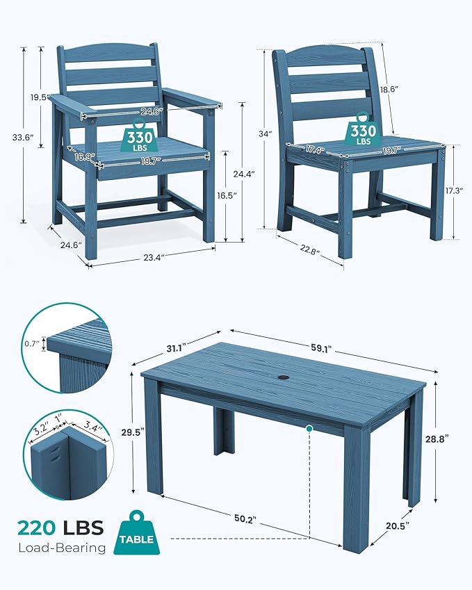 SERWALL Outdoor Dining Sets for 10, HDPE Dining Sets for 10 Person with 2 Rectangular Tables and 8 Armless Chairs and 2 Armchairs, Patio Dining Sets for Garden, Backyard, Poolside, Blue